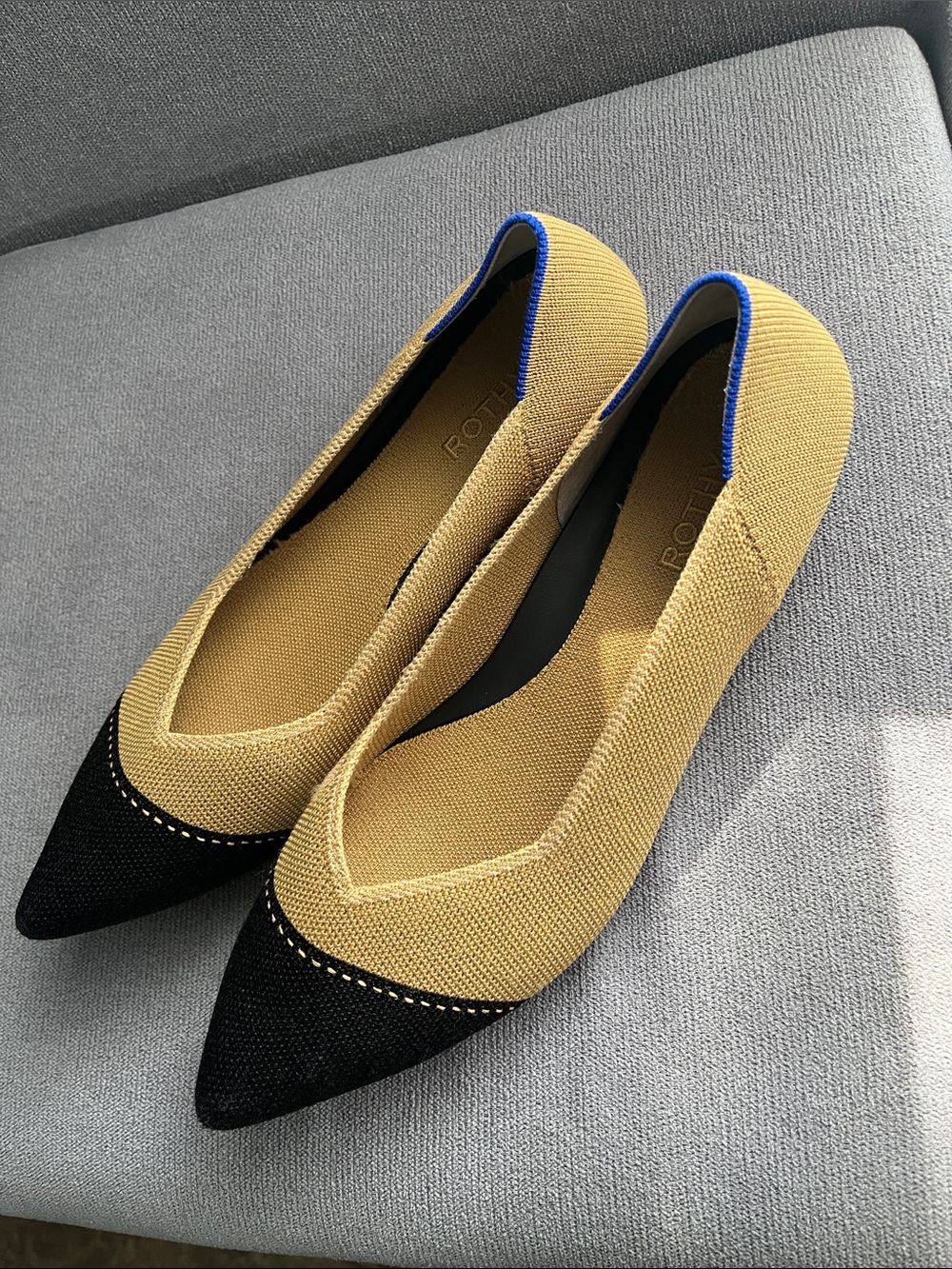 Rothy's Two-Tone Point II Knit Flat in Mustard and Black with Blue Trim 10.5